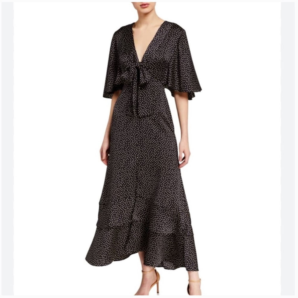 Alexis Kasany Blue Polka Dot Flowy Neck Tie Flutter Sleeve
Midi Dress
